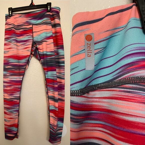 Zella Womens Stretch hi rise full length Leggings colorful rainbow sunset -L - Picture 1 of 10